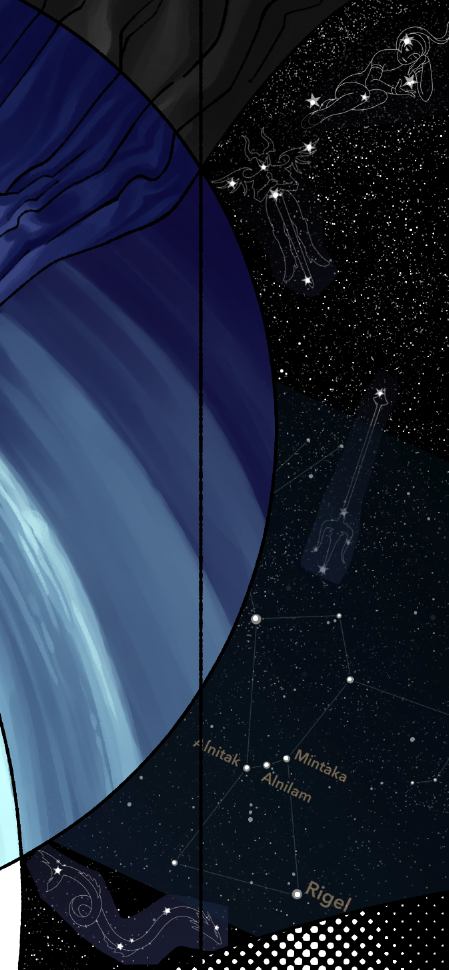 A close up of the starscape with the constellation references overlayed.
                There is Shiva reclining, Bahamut at attention with a sword, and the Trident of the Oracle alongside Orion and the serpent Leviathan.