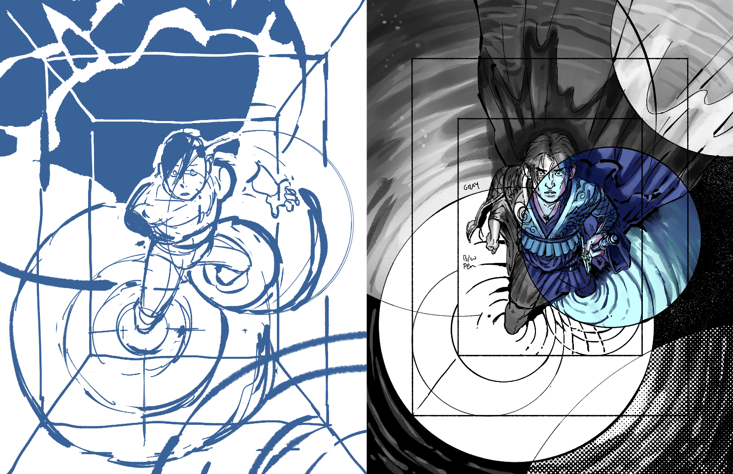 Sketches of the drawing, the first rough and all in blue, and the second more refined with a rough pass at colors.
