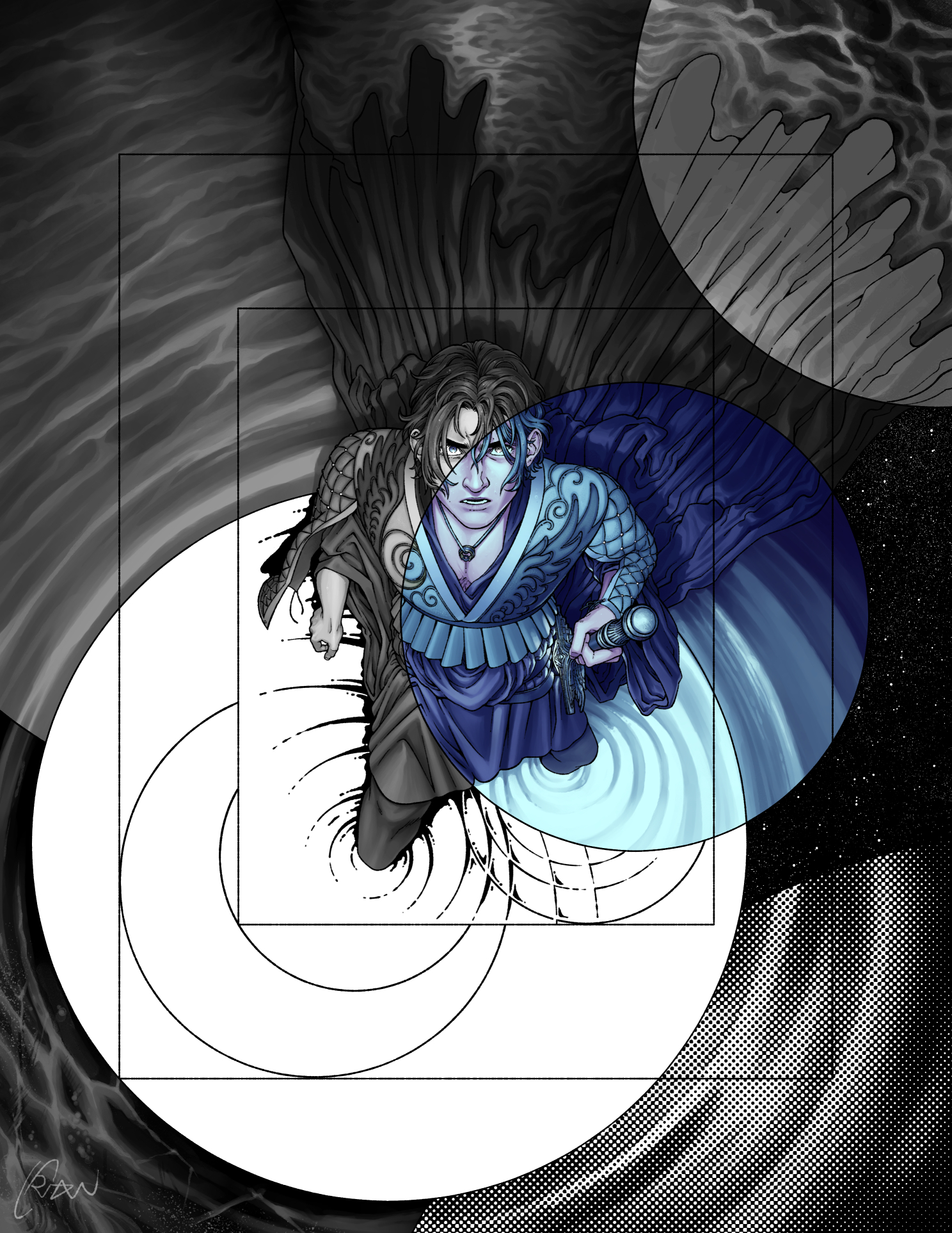 A drawing of Noctis how I imagine him in the final confrontation in the fanfic Besmirched.
        He is wearing an ionar jacket embroidered with wings, clouds, and a crescent moon; his left sleeve is tied while the right hangs loosely.
        Under this he wears a dark colored liene with long open sleeves; the liene floats out behind him, fantastical in its length.
        The Ring of the Lucii, strung on a chain, hangs over his heart.
        He wears a sword belt and in it the sheath and hilt of the Sword of Light; his left hand grips the handle and the smallest sliver of light can be seen peaking through the gap between the top of the sheath and the hilt.
        He stands, expression amazed and fearful, in an otherworldly light, knee-deep in faery water.
        Several pools ripple out and overlap, most without color, their reflections inexact, ice, water, the moon, the past, the future.