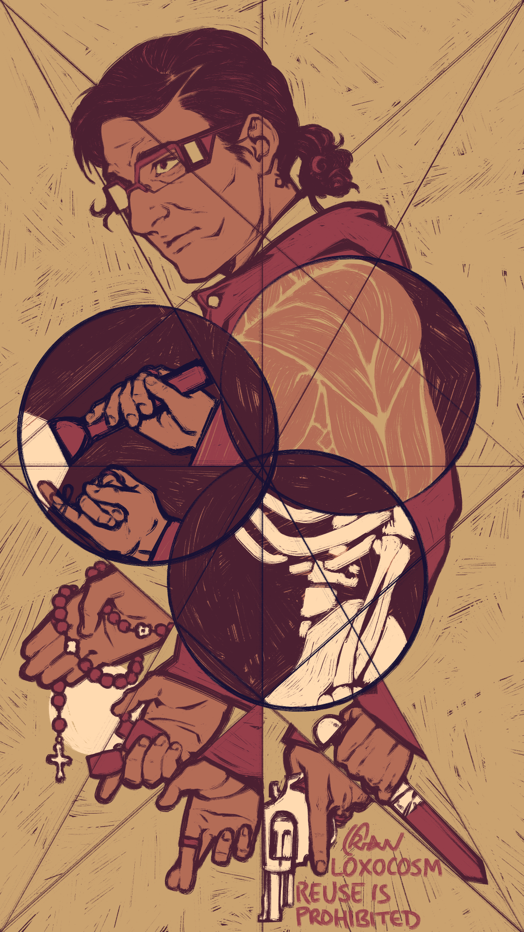 An illustration of a bespectacled man with long wavy hair pulled back into a ponytail.
        The space is cut through with guidelines and circles, allowing different views of the character.
        7 hands are shown, 5 right and 2 left: holding a flashlight, a pinky finger tied with a knot for memory, a rosary, a lighter, the middle and forefinger crossed, a handgun, and finally a ritual dagger.
        One circle reveals the muscle tissue and tendons of his chest and upper arm, another the bones of his torso and forearm.