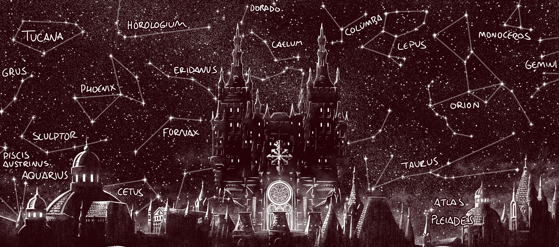 The same close up with the constellations labelled: Tucana, Grus, the Sculptor, Piscis Austrinus,
                Aquarius, Cetus, Phoenix, Horologium, Eridanus, Fornax, Caelum, Dorado, Columba, Lepus, Orion, Monoceros, Gemini, Taurus, and the Pleiades.