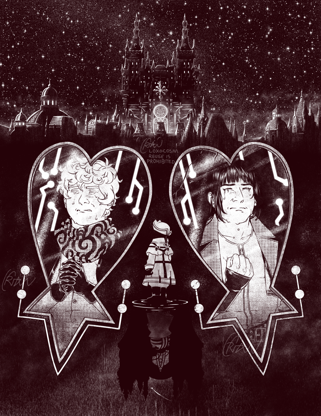 A monochrome drawing with three distinct parts.
        Above, the skyline of Scala ad Caelum bejeweled with stars, its spires and clocktower bathed in moonlight.
        Below, the clocktower of Daybreak Town silhouetted in the dark, its stars distorted save for a single shooting star.
        On the boundary between these worlds, the Player Character stands, little more than a paper cut-out; Chirithy can be seen in their reflection, in the silhouette of the Foreteller's tower.
        Overlaying these two parts are Ephemer and Skuld, framed by the windows of their arks.
        Ephemer has his hands clasped together in front of him while Skuld holds a single balled fist to her chest.
        They are both crying, disheveled from the fight that preceded this scene.