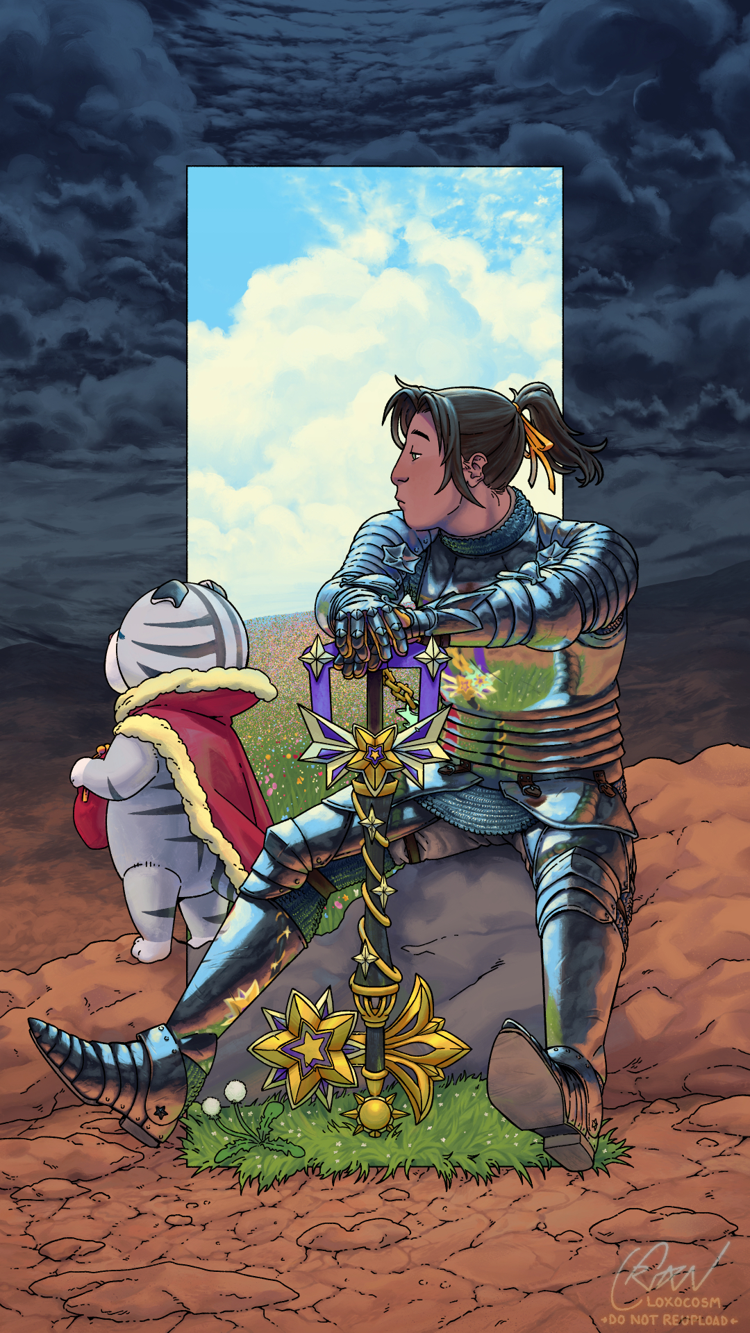 A drawing of Chirithy and my Kingdom Hearts Union Cross character.
        Chirithy is wearing a regal, fur-trimmed cape and looking off into the distance.
        My character is wearing full plate armor and looking boredly in the same direction with their chin resting on their shoulder and their hands on the hilt of their Starlight Keyblade which is stuck carelessly into the ground.
        The two of them are perched on a large boulder in the middle of a dark, rocky wasteland that is framing an interior scene, like a door to another world: a sunny, flower-dotted hill.
        All this is reflected in the mirror-like surface of my character's armor.
        Two dandelion puffs are growing at their feet.