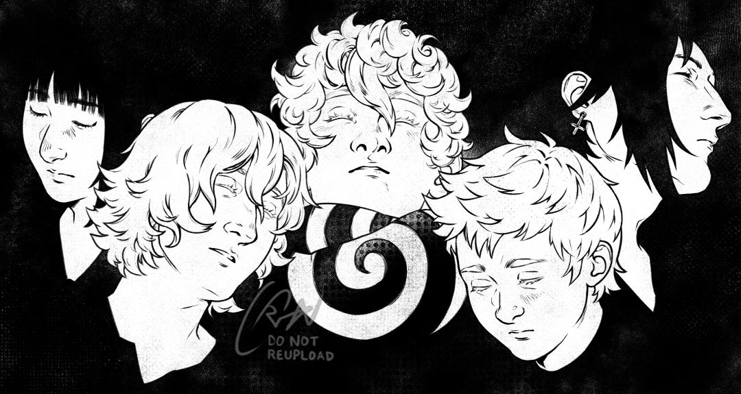 A black and white drawing of the Union Leaders from the neck up on a blacked-out background.
                From left to right there is Skuld, Lauriam, Ephemer, Ventus, and Brain. All of them have their eyes closed as if sleeping, though their expressions hold a slight anxiety.