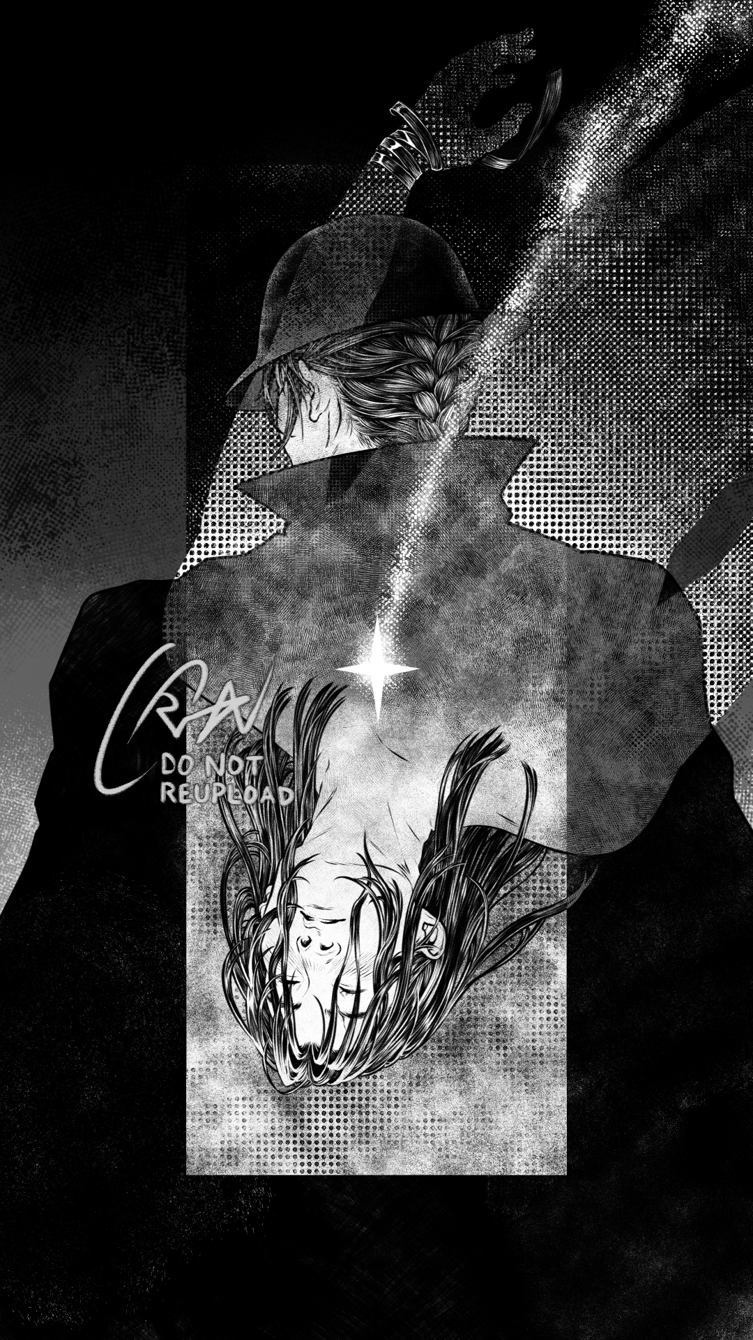 A black and white drawing of two versions of my Kingdom Hearts Player Character.
        The main figure is how they appear in Union Cross, falling downwards, eyes closed, their long dark hair curling around their face.
        A star glows at their chest, the sparks of its arc mirroring their own fall, like a shooting star. The other figure is how they might appear in Missing Link.
        This figure, wearing a dark cloak and hat, is superimposed over the first and is turned away from the viewer, their hair pulled back in a french braid.