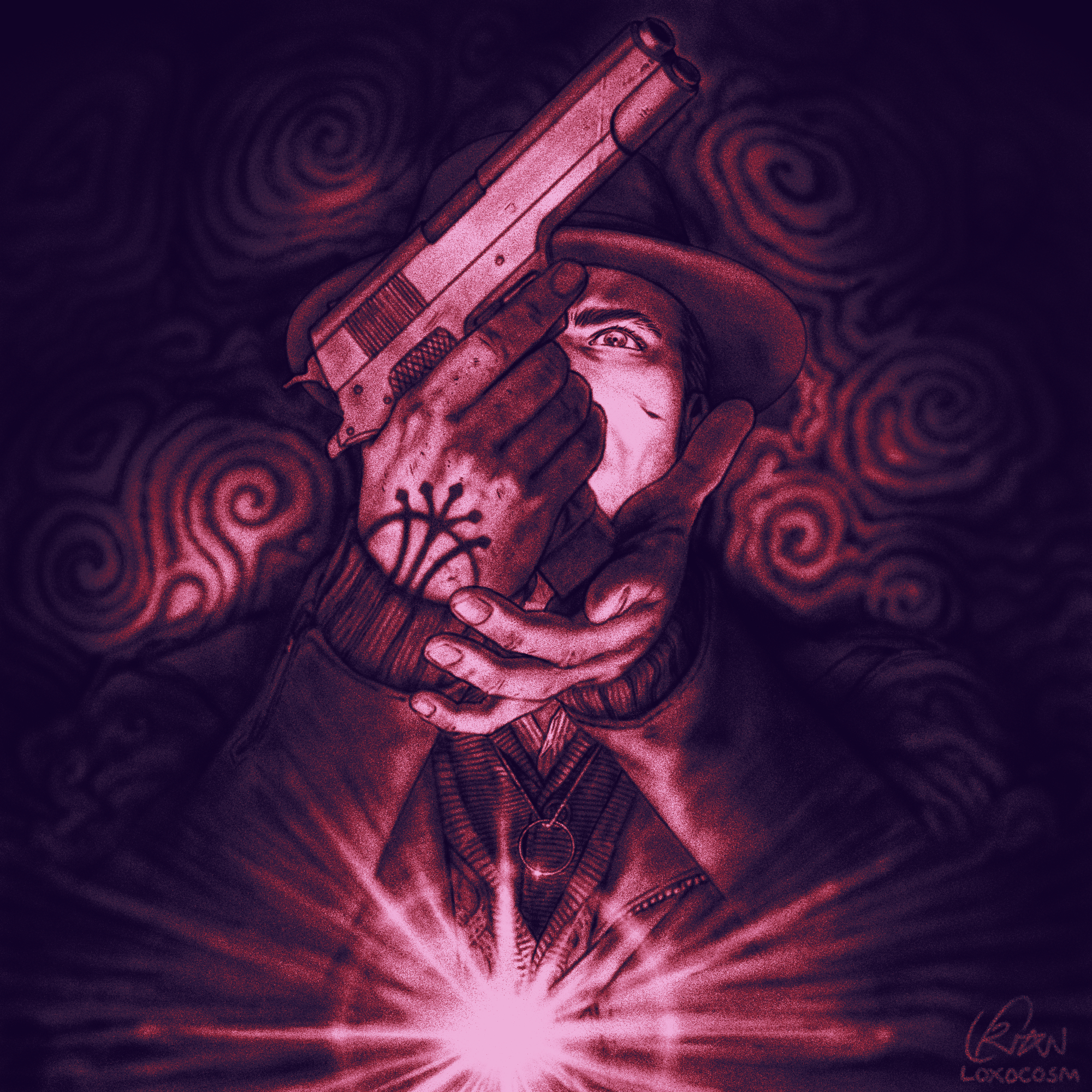 A pink monochrome drawing of a man wearing a fedora and loading a handgun in a way that most of his face is obscured by it.
        The bright light of a flashlight clipped near his chest casts harsh shadows, catching on the ring on his necklace and the swirling organic shapes in the darkness around him.