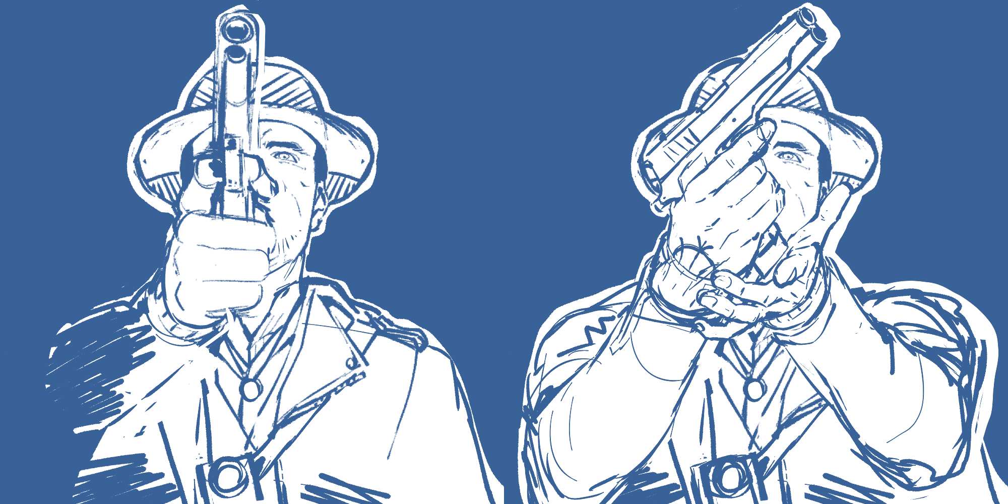 Two rough sketches of the drawing, the first with him pointing the gun forward.