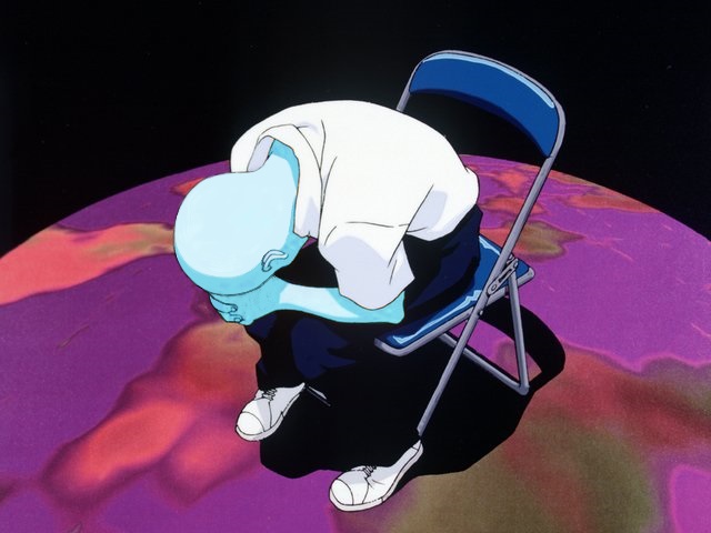 A screenshot of Shinji Ikari from Neon Genesis Evangelion crumpled in a chair. It's been edited to look like my bright blue persona.